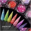 Decorações de arte na unha 1 caixa brilhante redonda trathin lantejas colorf glitter dicas uv gel 3d decoração manicure acessórios diy gota delie dh6s5