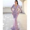 Deep V Devel Evening Dresses Vricts Mermaid Sequin Parkle Long Sleeve Prom Dress مع قطار قابل للفصل سيدات Vestido de Novia 2023