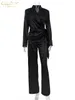 Pantaloni da donna a due pezzi Clacive Balck Casual Satin Set da donna Blazer a maniche lunghe autunnali con pantaloni a gamba larga Set di pantaloni eleganti con lacci 2 pezzi 230227