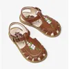 Sandali 2130cm Sandali estivi per ragazze per bambini Beige Marrone Ricamo Fiore Moda Scarpe da principessa in gomma per ragazze Sandali piatti Z0225