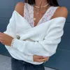 Women's T Shirts Sexy Spring Autumn T-Shirts Patchwork Design Lace Decor Halter Long Sleeve Solid Casual Loose Pullovers Tops Women 2023