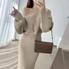 Work Dresses Clothland Women Elegant Knitting Sweater Suit Off Shoulder Pullover Sheath Elastic Waist Midi Skirt Chic Office Sets TZ798