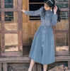 Casual Dresses CON Winter Long-sleeved Dress Korean Women's Retro Gentle Wind Slim Corduroy Long