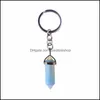 CAR DVR Key Rings Natural Stone Hexagonal Prism Keychains Sier Color Healing Amethyst Pink Crystal Car Decor Keyholder For Women Men Drop de DH3MI