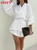 Womens Two Piece Pants OOTN Office Lady 2 Pieces Outfit 100% Cotton Wrap VNeck Lantern Sleeve Top Sashes Summer Women Suits Elastic Waist Shorts Sets 230227