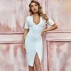 Party Dresses Sesidy 2023 Summer Women White Short Sleeve Bodycon Bandage Dress Sexig V Neck Elegant Club Celebrity Runway