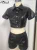 Dames Tweede stuk broek FQLWL Casual Faux PU Leather 2 Set Outfits Bandage Kort Mouw Crop Top Skinny Shorts Black Matching Sets 230227