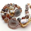 Choker Y.Ingy Brown Round FaceTed Agate白いクォーツクリスタルパールロングネックレス34 "