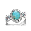 Anéis de casamento vintage boêmio étnico grande anel de dedo de pedra azul para mulheres Padrão de penas de cor prata presente verde