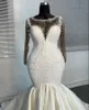 Mermaid Wedding Dresses Long Sleeves Sweep Train Satin Applique Designer Arabic Plus Size Illusion Bridal Gown Vestido De Novia