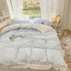 Beddengoed sets kawaii ruches beddengoed set schattige prinses kanten queen size quilt cover 100% katoenen set luxe gemonteerd laken met kussensloop 230227