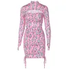 Casual jurken dames sexy v-neck lange mouw bloemen mini-jurk meisje lente zomer holle out roze buik veter plooienvestidos