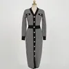 Casual Dresses Elegant OL Fashion V-neck Slim Single-breasted Color-Block Houndstooth Mid Women Robes Mujer Knit Cardigan Sweater Dress