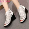 Sandalen Gktinoo 2023 Zomer Nieuwe vissen Mond Hollow Rhinestone Shoes Wedge Sandals Hoge Heel Sandalen Mode Elegante vrouwen Sandalen Z0224