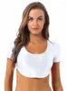 Women's T Shirts Sexy Women Glossy Curved Hem Crop Top Short Sleeve T-shirt Scoop Neck Skintight Midriff Blouse