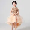 Robes de fille Robe de soirée pour filles sans manches en coton maille dentelle ceinture scintillante noeud papillon plissé robe de princesse spectacle robe de bal d'anniversaire patchwork