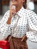 Women's Blouses Shirts Celmia Fashion Tunics Women White Summer Polka Dot Elegant Button Loose Long Lantern Sleeve Lapel Party Tops 230227