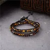 Charm Bracelets Genuine Leather Bracelet Bangle Skull Cuff Rope For Women Natural Tiger Eyes Agat Braided 2 Layers Stone Jewelry B452