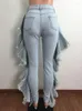 Women's Jeans Ruffles Casual Trousers Sexy Women Elegant Bodycon Ripped Denim Pencil Pants