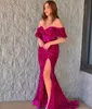 Abito da ballo con paillettes in velluto viola con taglio a V scintillante scintillante Lady Preteen Teen Girl Pageant Gown Formal Party Wedding Guest Red Capet Runway Spacco alto con spalle scoperte