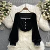 Женские блузки французский стиль кружевной блуз Vintage Black Velvet Tops Tops Женские рукавы для фонаря