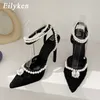 Chaussures habillées Eilyken Design Cristal Chaîne Perle Femmes Pompes 2023 Nouveau Printemps Boucle Sangle Stiletto Talons Hauts De Mariage Strippers Femme ShoesL230227