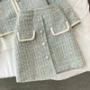 Vestido de duas peças outono 2 peças conjunto elegante moda vintage xadrez tweed manga comprida jaquetas casaco irregular a linha mini saias femame terno 230225