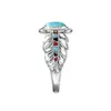 Anéis de casamento vintage boêmio étnico grande anel de dedo de pedra azul para mulheres Padrão de penas de cor prata presente verde