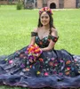 Черные плюс размеры мексиканские платья Charro Quinceanera, вышитые с крышкой для плеча Corset Prom Sweet vestido Para 15 Anos Adolecente