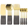 Servis uppsättningar keramiskt handtag svart guld bestick set kök bordsartiklar rostfritt stål knivsked gaffel silver