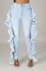 Women's Jeans Ruffles Casual Trousers Sexy Women Elegant Bodycon Ripped Denim Pencil Pants