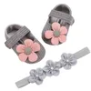 Primeiro Walkers Bowknot Flower Princess Shoes Fand Head Set Soled Soled Criança Infantil Baby Knit Pattern Single Single