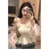 Kvinnor BLOUSES Women 2023 Summer Tops Ruffle Mesh Sydd transparent spetschiffongskjorta Kvinnlig ett-ord axel skarv Z58