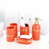 Bath Accessory Set Nordic Bathroom Accessories 5pcs Supply Kits 6 Pcs Bamboo Tray Emerald Golden Ring El Decoration Gift Ceramic Orange