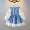 Meisjesjurken herfst babyjurk met lange mouw geboren rok katoen schattig boog baby peuter kleren 0-24 m blauwe witte ruches prinses