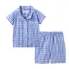 Pyjamas Mudkingdom Sommer Jungen Pyjama Set Kragen Plaid Kurzarm und Shorts Jammies Anzug Große Mädchen Nachtwäsche Pjs Kinder Kleidung 230227