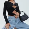 Women's T Shirts Cut Out Black Crop Tops Sexy Women Long Sleeve V Neck Rhinestone Metal Ring Front T-Shirts Streetwear Pullover Tees