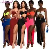 Two Piece Dress Women Skirt Suit Summer Two Piece Set Solid Strapless Sleeveless Tank Top High Slit Maxi Skirts Outfit Party Club Matching Set 230228