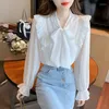 Blouzen voor dames chiffon blouse Koreaanse stijl vrouwen lange mouw bloemblaadje lente shirt en ruches boog solide elegante dames tops vrouwelijk 2023