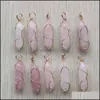 Charms Gold Wire Wrapped Rose Quartz Hexagon Pendum Pendant Healing Pink Crystal Stone Hangings Fashion Jewelry Making Wholesale Dro DHQZ7