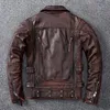 Giacca da motociclista marrone vintage in finta pelle da uomo Giacca da uomo in vera pelle di vacchetta naturale Cappotto con cerniera Ooblique da motociclista slim fit