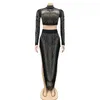 Tvådelad klänning Felyn ins Internet Celebrity Famous 2 PCS Women Set Solid Diamond Tassel Oneck Short Tops Maxi Dress Sexy Club Outfits 230228