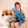 Plush Dolls 45-65cm Lazy Animal Plush Toy Fluffy Lying Pillow Stuffed Racoon Sloth Backrest Sleeping Doll Room Decro 230227