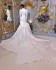 멋진 인어 웨딩 드레스 긴 슬리브 신부 가운 주름 딥 v 네크 라인 새틴 채플 기차 정점 봉우