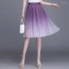 Skirts 2023 Women Gradient-Color Swing Tulle Skirt Elastic Waist Pleated Flared A-Line Summer Casual Young Dance Beach Holiday