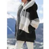 Women's Jackets Winter Women Jacket Warm Patchwork Zipper Pocket Stitching Hooded Plaid Faux Fur Retro Long Sleeve Top Coat Outwear 230228