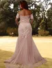 Nieuwe parel roze avondjurk 2023 Korte mouw Off Shoulder Lace Slit Prom Formal Party -jurken voor vrouwen Abendkleider Vestidos de Feast