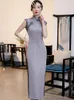 Etniska kläder kvinnor sexiga smala ärmlösa långa cheongsam tryck elegant nyhet qipao vintage kinesisk festklänning m-xxxxl orientaliska klänningar