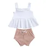 Kledingsets 2 stks babymeisjes Ruches massieve kleur Suspender rok top veter stretch taille shorts pak zomer