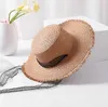 Szerokie brzegowe czapki ręcznie robione czapki słoneczne dla kobiet czarna wstążka koronka w górę dużej grzbietowej słomy kapelusz na zewnątrz plażowe czapki letniskowe Chapeu feminino g230227